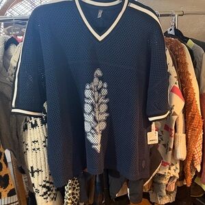 Navy Mesh V-Neck Jersey with White Leaf Design